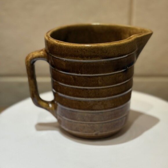 Vintage Stoneware Brown Pitcher Pottery 5" Glazed Ribbed Crock Pottery - Picture 1 of 7